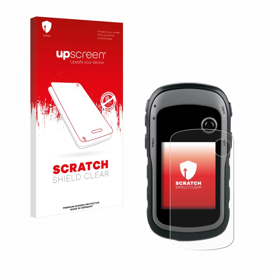 Parte frontal de un envase de producto con el logotipo de la marca upscreen. Al lado se muestra el dispositivo Garmin eTrex 30