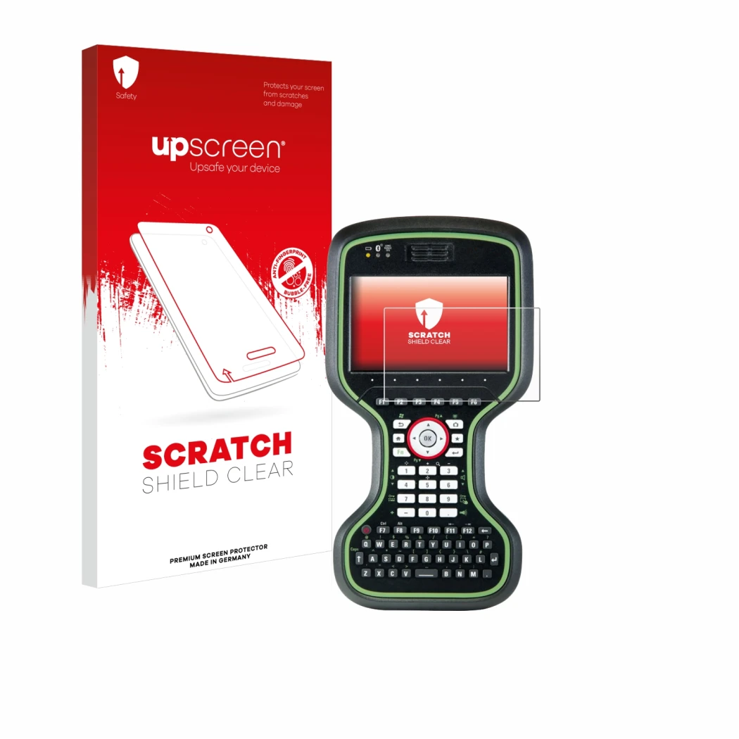 Parte frontal de un envase de producto con el logotipo de la marca upscreen. Al lado se muestra el dispositivo Leica CS20 3.75