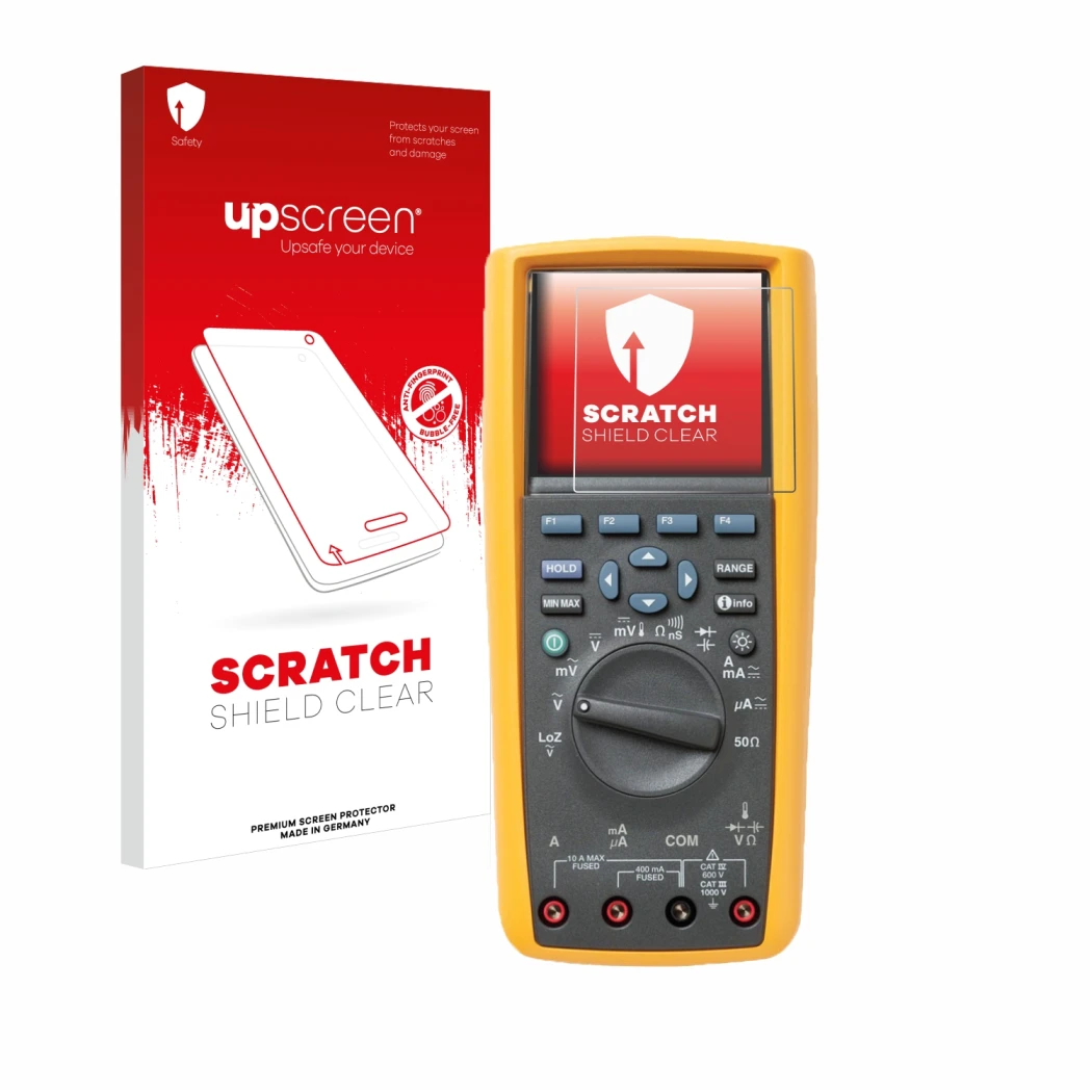 Parte frontal de un envase de producto con el logotipo de la marca upscreen. Al lado se muestra el dispositivo Fluke MultiMete