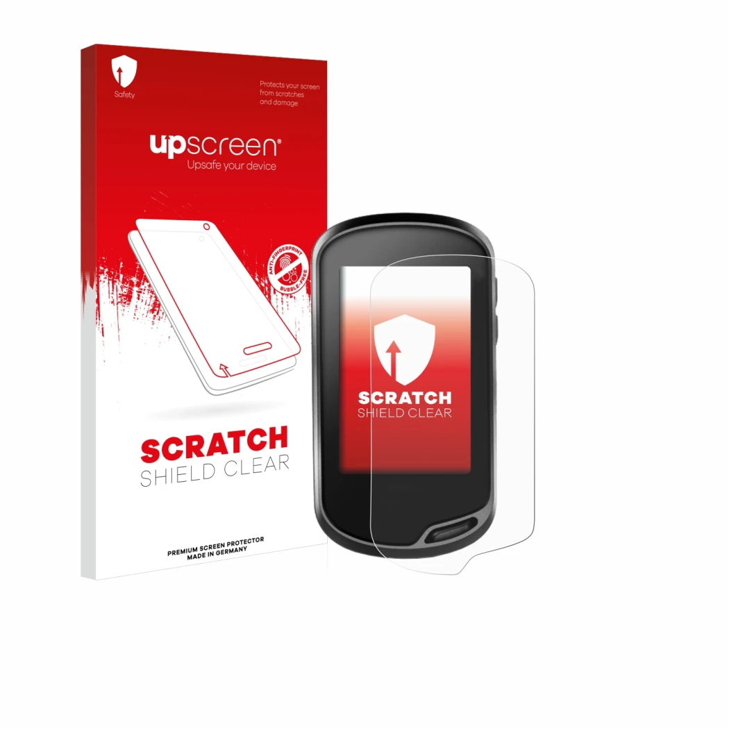 Parte frontal de un envase de producto con el logotipo de la marca upscreen. Al lado se muestra el dispositivo Garmin Oregon 7