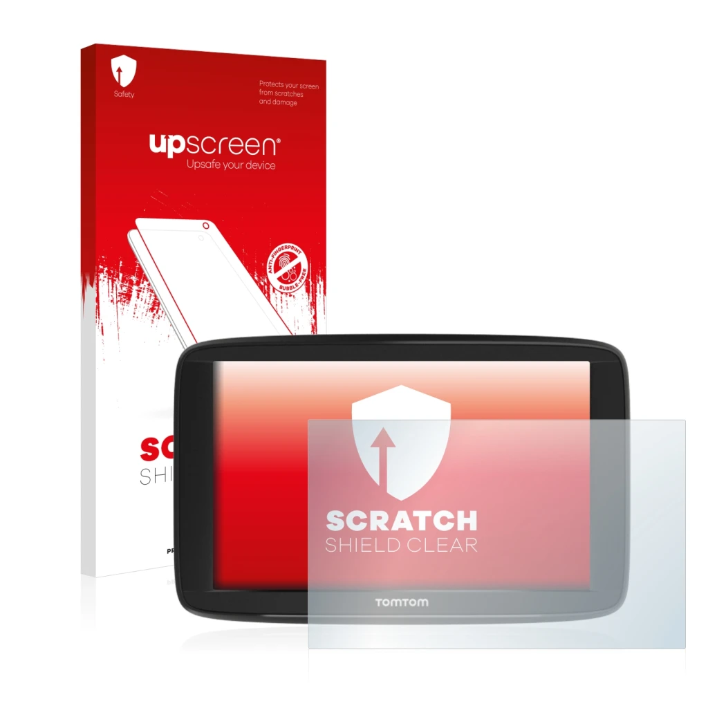 Parte frontal de un envase de producto con el logotipo de la marca upscreen. Al lado se muestra el dispositivo TomTom Start 62
