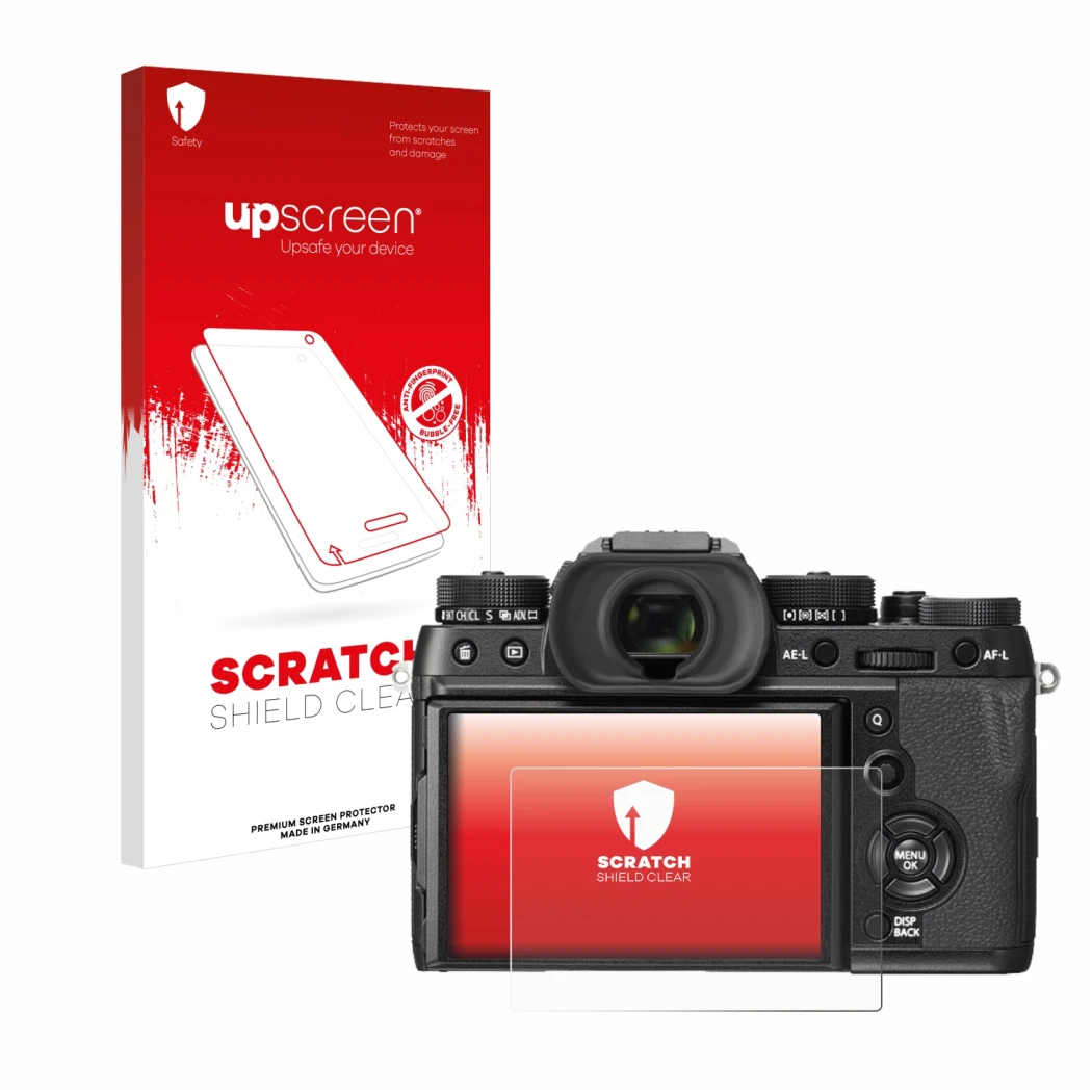 Parte frontal de un envase de producto con el logotipo de la marca upscreen. Al lado se muestra el dispositivo Fujifilm X-T2 c