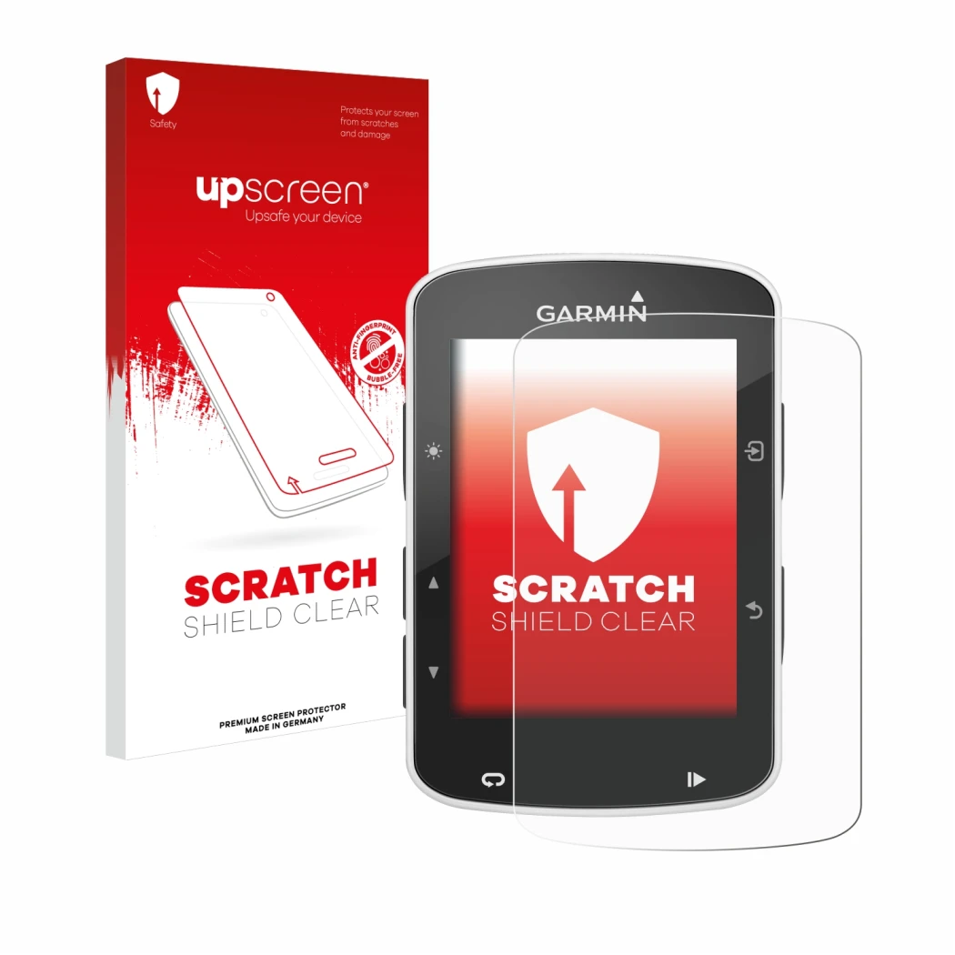 Parte frontal de un envase de producto con el logotipo de la marca upscreen. Al lado se muestra el dispositivo Garmin Edge 820