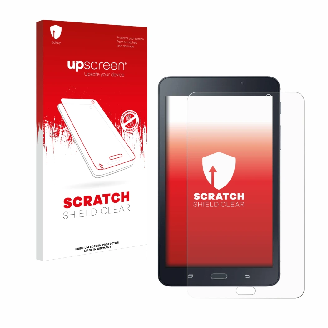 Parte frontal de un envase de producto con el logotipo de la marca upscreen. Al lado se muestra el dispositivo Samsung Galaxy