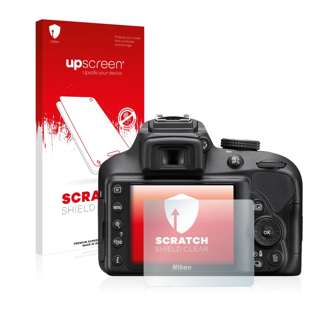 Parte frontal de un envase de producto con el logotipo de la marca upscreen. Al lado se muestra el dispositivo Nikon D3400 con