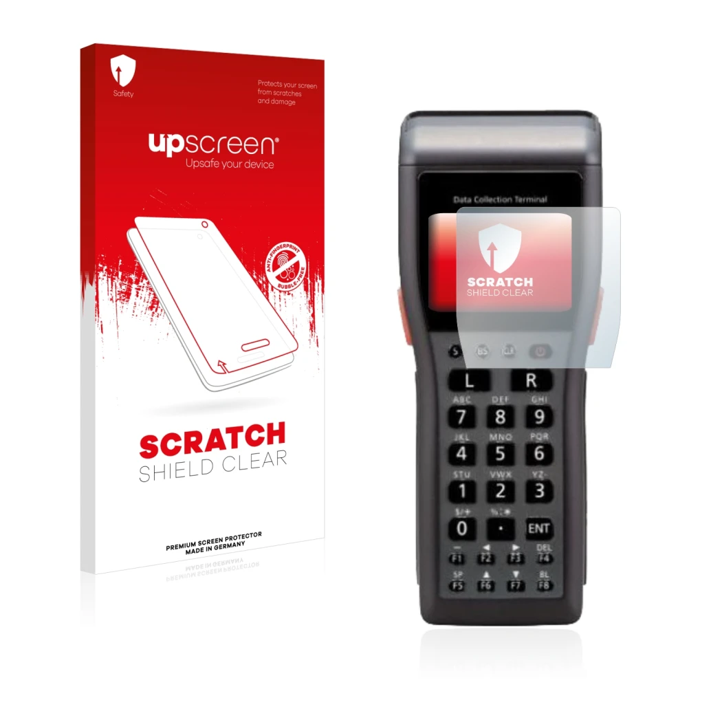 Parte frontal de un envase de producto con el logotipo de la marca upscreen. Al lado se muestra el dispositivo Casio DT-930 co