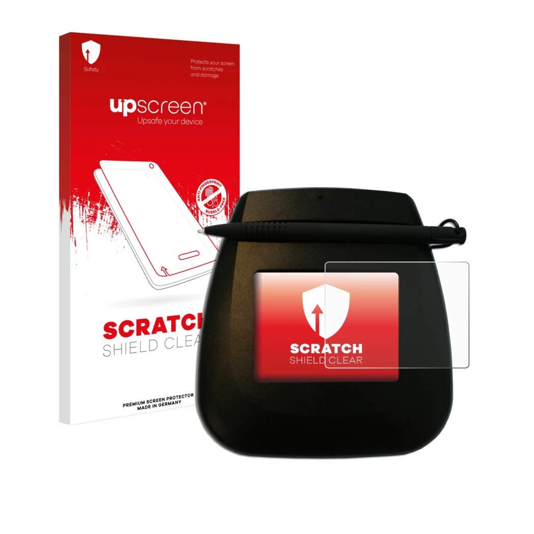 Parte frontal de un envase de producto con el logotipo de la marca upscreen. Al lado se muestra el dispositivo ePadLink ePad I