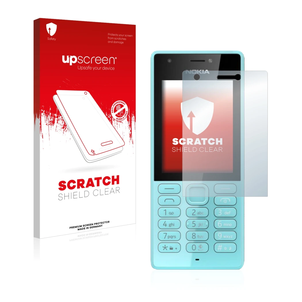 Parte frontal de un envase de producto con el logotipo de la marca upscreen. Al lado se muestra el dispositivo Nokia 216 con s