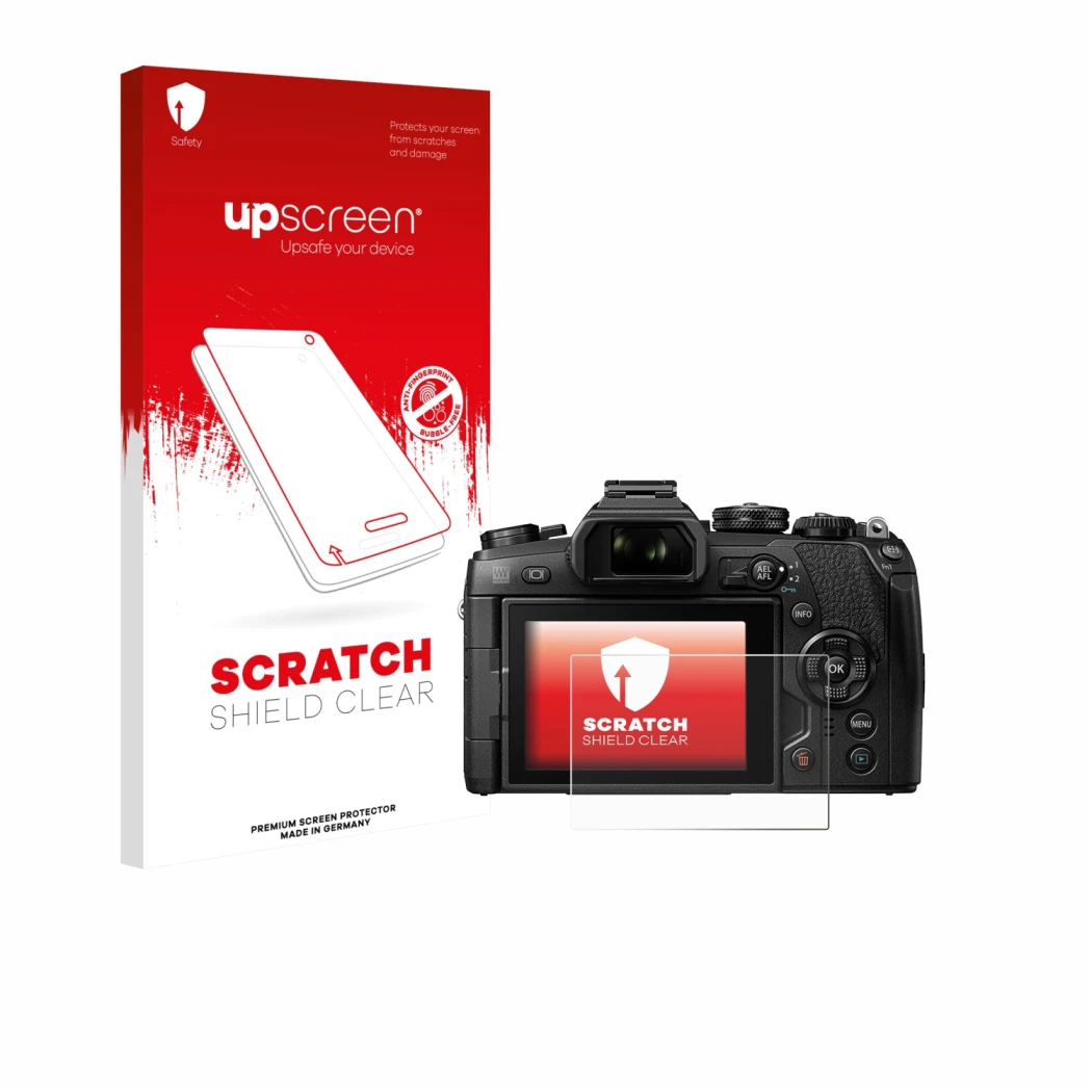 Parte frontal de un envase de producto con el logotipo de la marca upscreen. Al lado se muestra el dispositivo Olympus OM-D E-