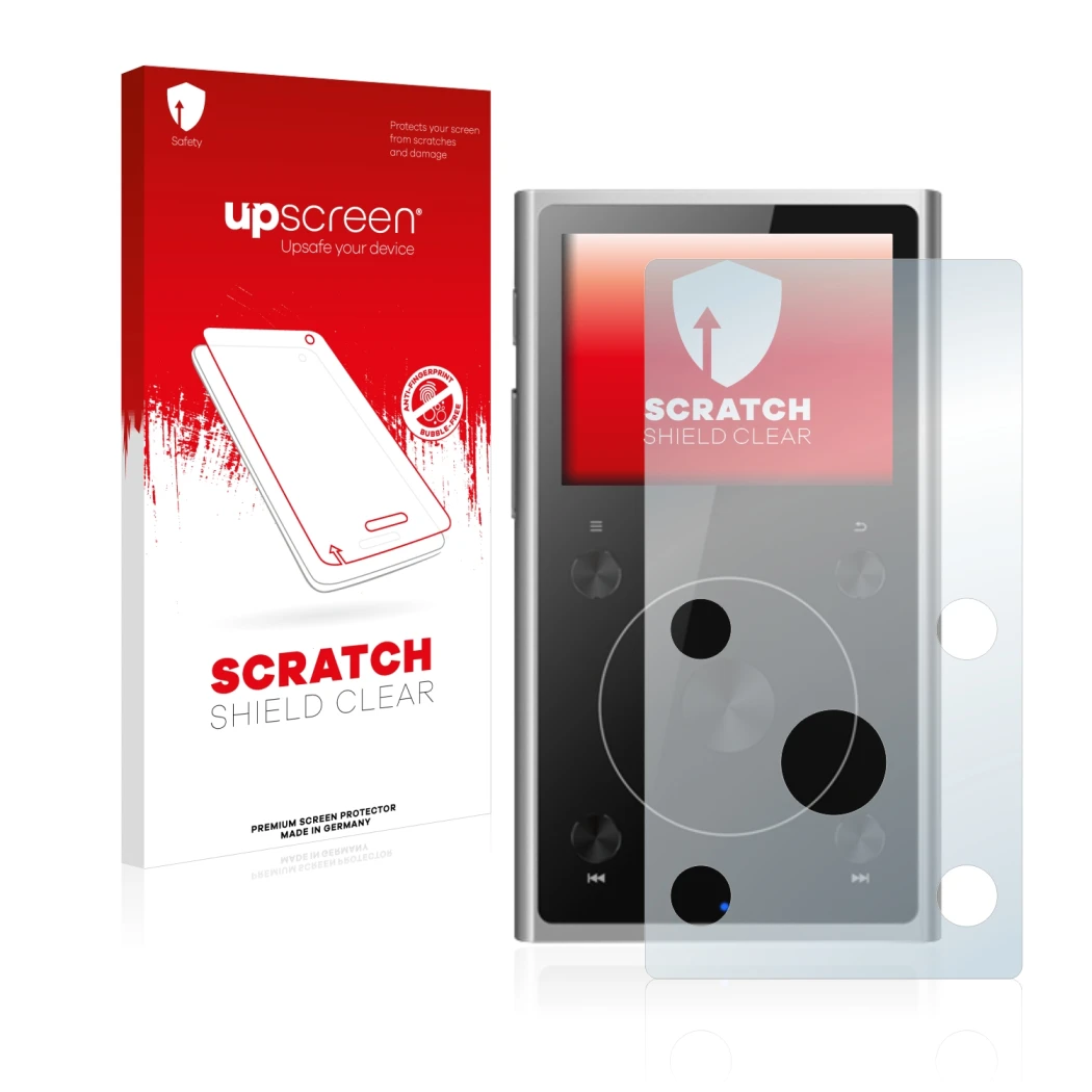 Parte frontal de un envase de producto con el logotipo de la marca upscreen. Al lado se muestra el dispositivo FiiO X1 II con