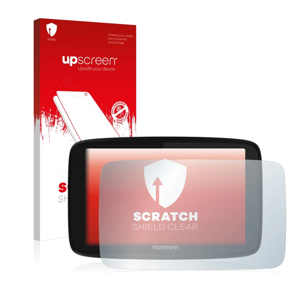 Parte frontal de un envase de producto con el logotipo de la marca upscreen. Al lado se muestra el dispositivo TomTom GO 520 c