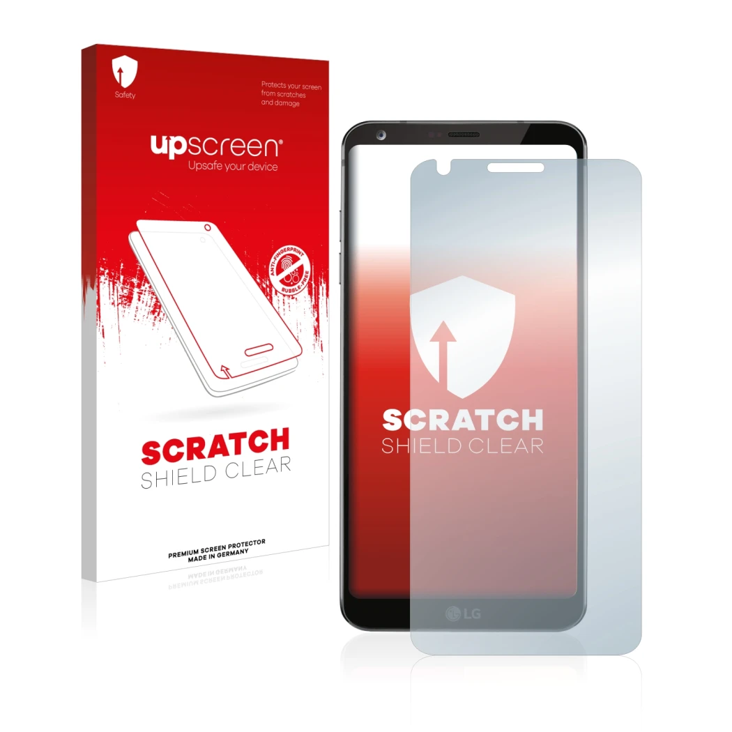 Parte frontal de un envase de producto con el logotipo de la marca upscreen. Al lado se muestra el dispositivo LG G6 con su pr