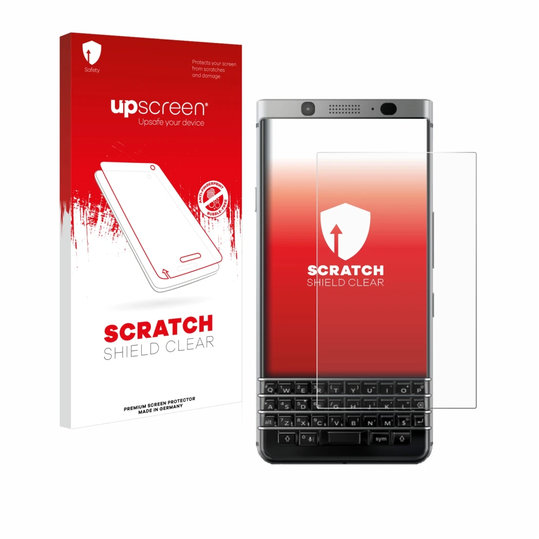 Parte frontal de un envase de producto con el logotipo de la marca upscreen. Al lado se muestra el dispositivo BlackBerry Keyo