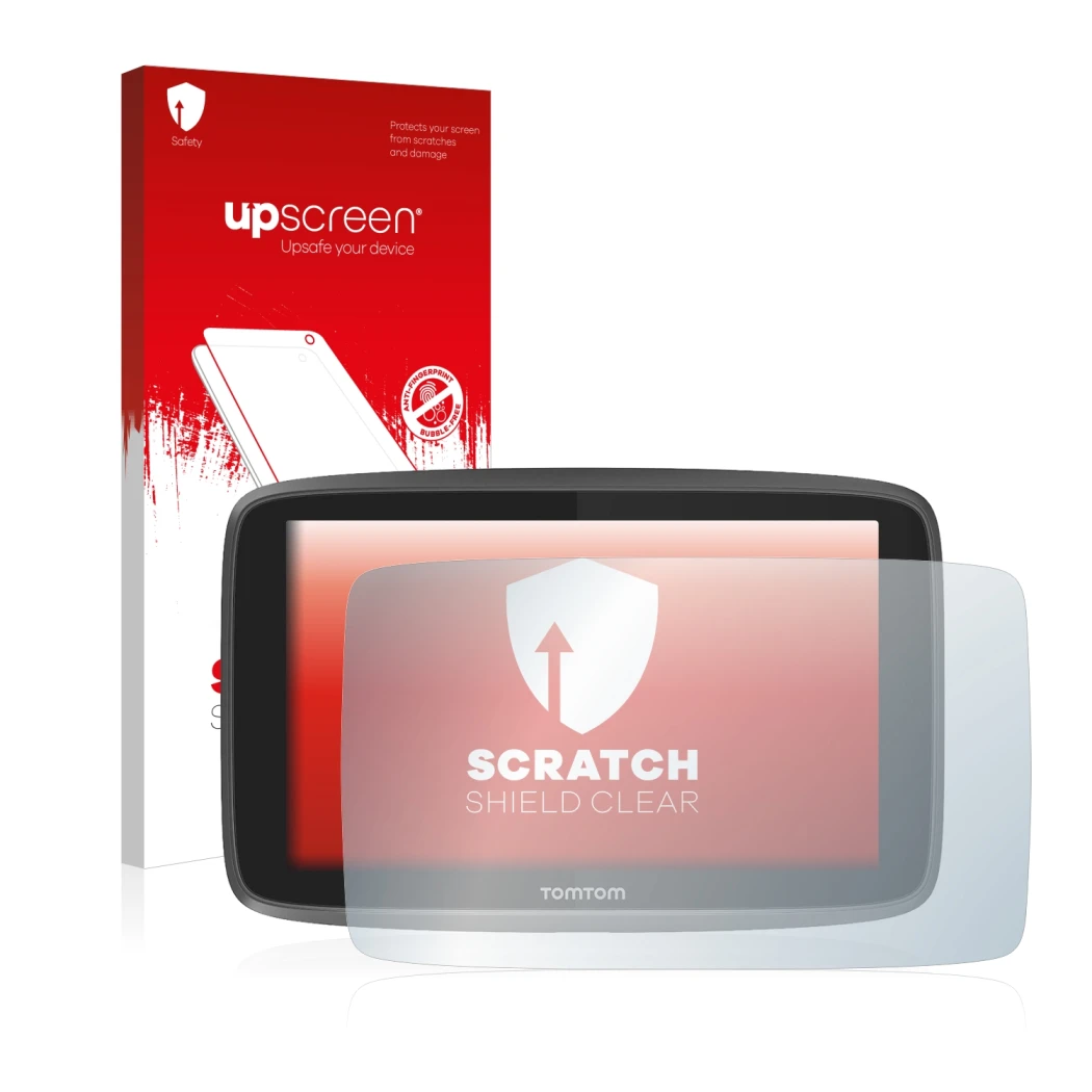 Parte frontal de un envase de producto con el logotipo de la marca upscreen. Al lado se muestra el dispositivo TomTom Go 6200 