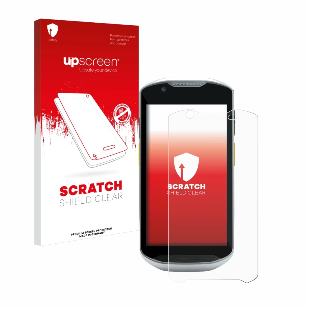 Parte frontal de un envase de producto con el logotipo de la marca upscreen. Al lado se muestra el dispositivo Zebra TC56 con