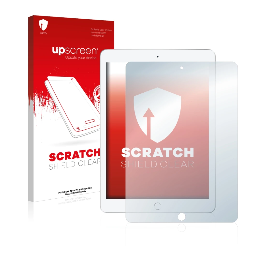 Parte frontal de un envase de producto con el logotipo de la marca upscreen. Al lado se muestra el dispositivo Apple iPad 9.7