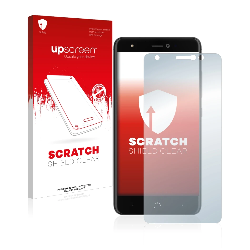 Parte frontal de un envase de producto con el logotipo de la marca upscreen. Al lado se muestra el dispositivo BQ Aquaris X co