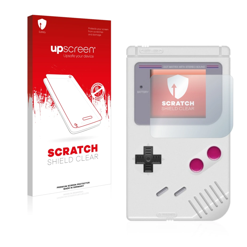 Parte frontal de un envase de producto con el logotipo de la marca upscreen. Al lado se muestra el dispositivo Nintendo Gamebo