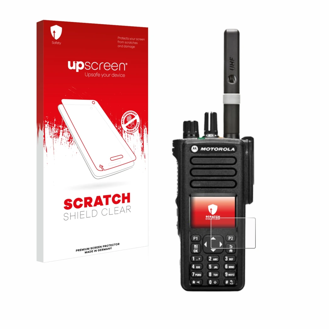 Parte frontal de un envase de producto con el logotipo de la marca upscreen. Al lado se muestra el dispositivo Motorola DP4800