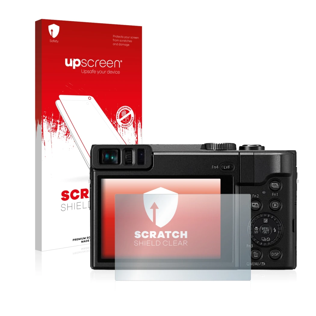 Parte frontal de un envase de producto con el logotipo de la marca upscreen. Al lado se muestra el dispositivo Panasonic Lumix