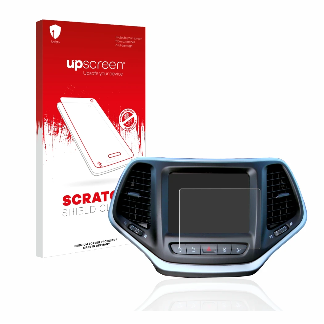 Parte frontal de un envase de producto con el logotipo de la marca upscreen. Al lado se muestra el dispositivo Jeep Cherokee U