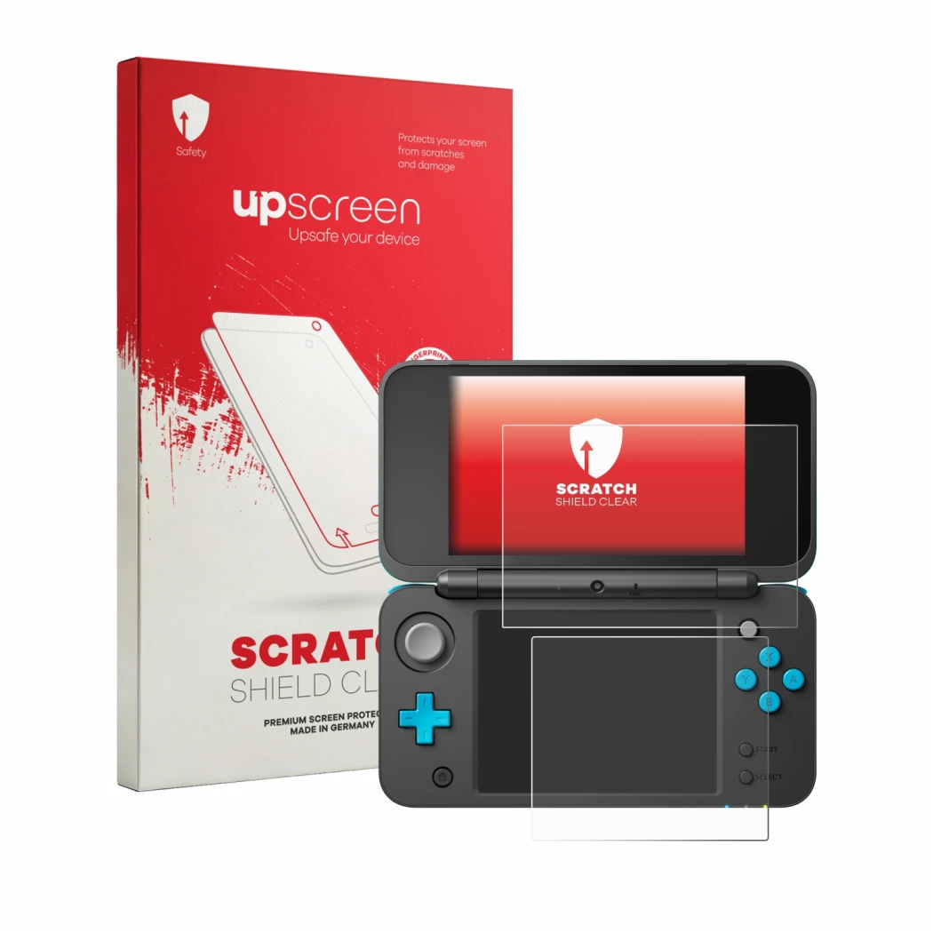 Parte frontal de un envase de producto con el logotipo de la marca upscreen. Al lado se muestra el dispositivo Nintendo 2DS XL
