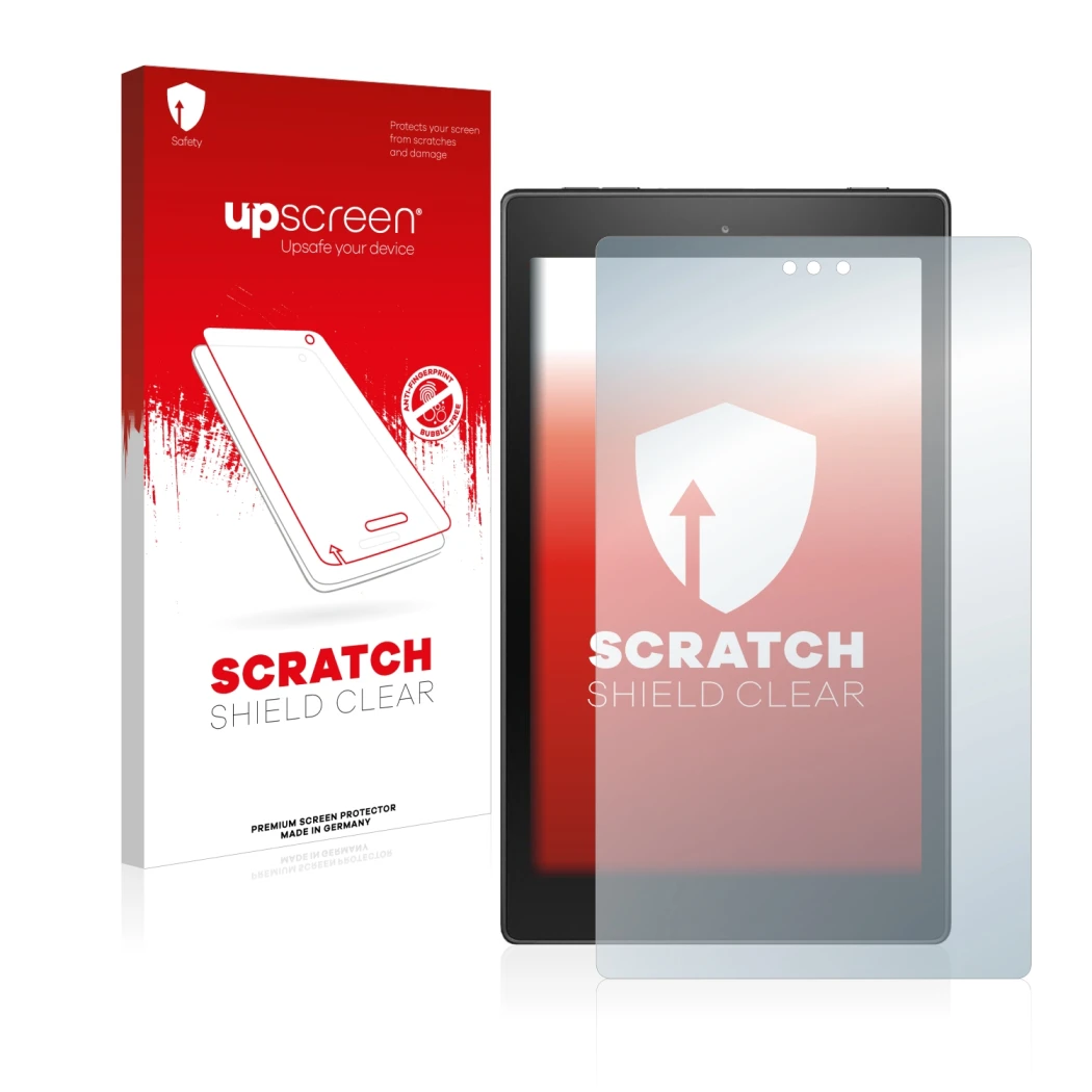 Parte frontal de un envase de producto con el logotipo de la marca upscreen. Al lado se muestra el dispositivo Amazon Fire HD 