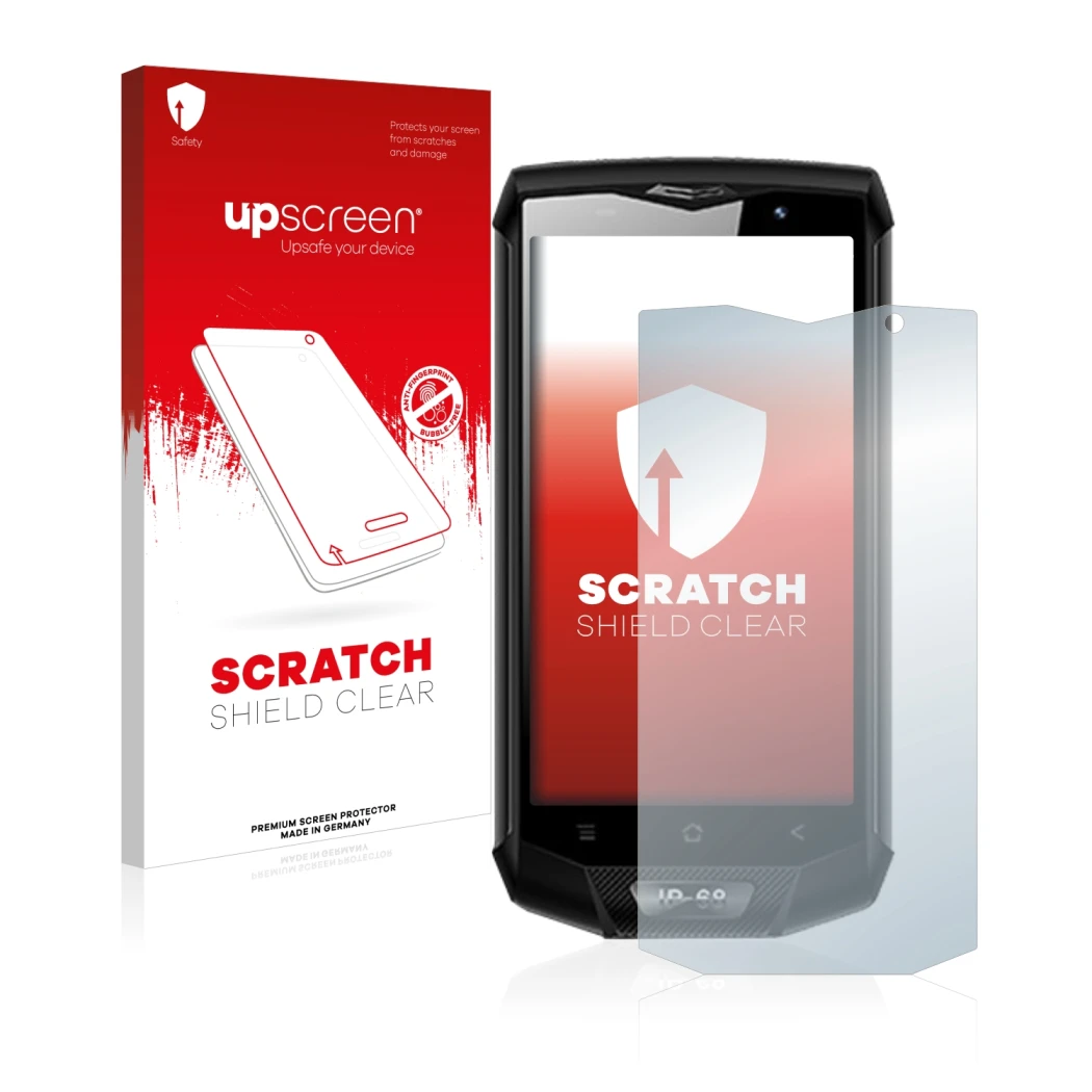Parte frontal de un envase de producto con el logotipo de la marca upscreen. Al lado se muestra el dispositivo Blackview BV800