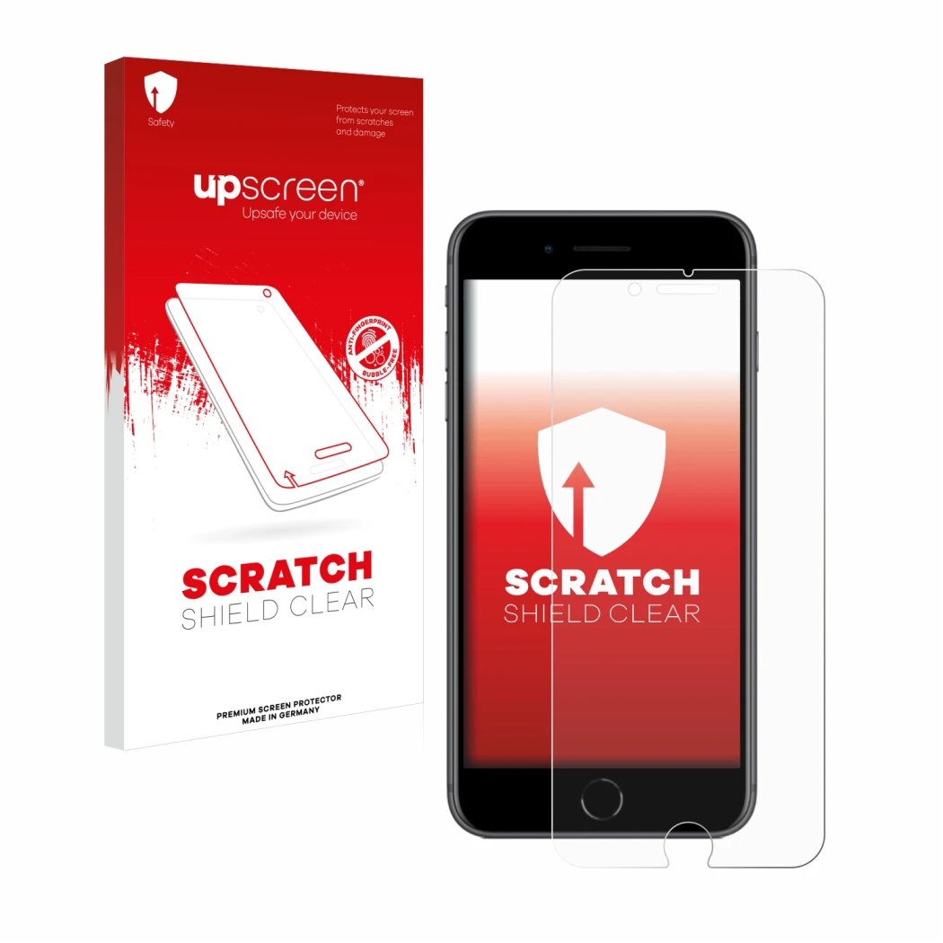 Parte frontal de un envase de producto con el logotipo de la marca upscreen. Al lado se muestra el dispositivo Apple iPhone 8