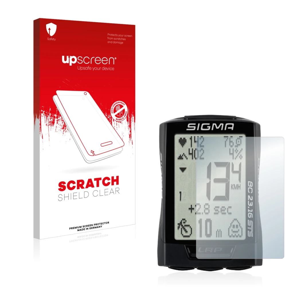 Parte frontal de un envase de producto con el logotipo de la marca upscreen. Al lado se muestra el dispositivo Sigma BC 23.16