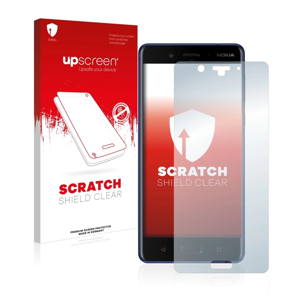 Parte frontal de un envase de producto con el logotipo de la marca upscreen. Al lado se muestra el dispositivo Nokia 8 con su