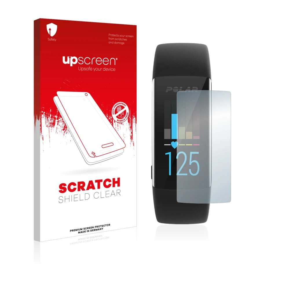 Parte frontal de un envase de producto con el logotipo de la marca upscreen. Al lado se muestra el dispositivo Polar A370 con