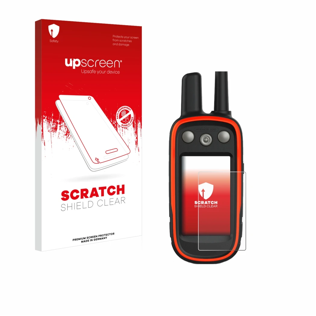 Parte frontal de un envase de producto con el logotipo de la marca upscreen. Al lado se muestra el dispositivo Garmin Atemos 1
