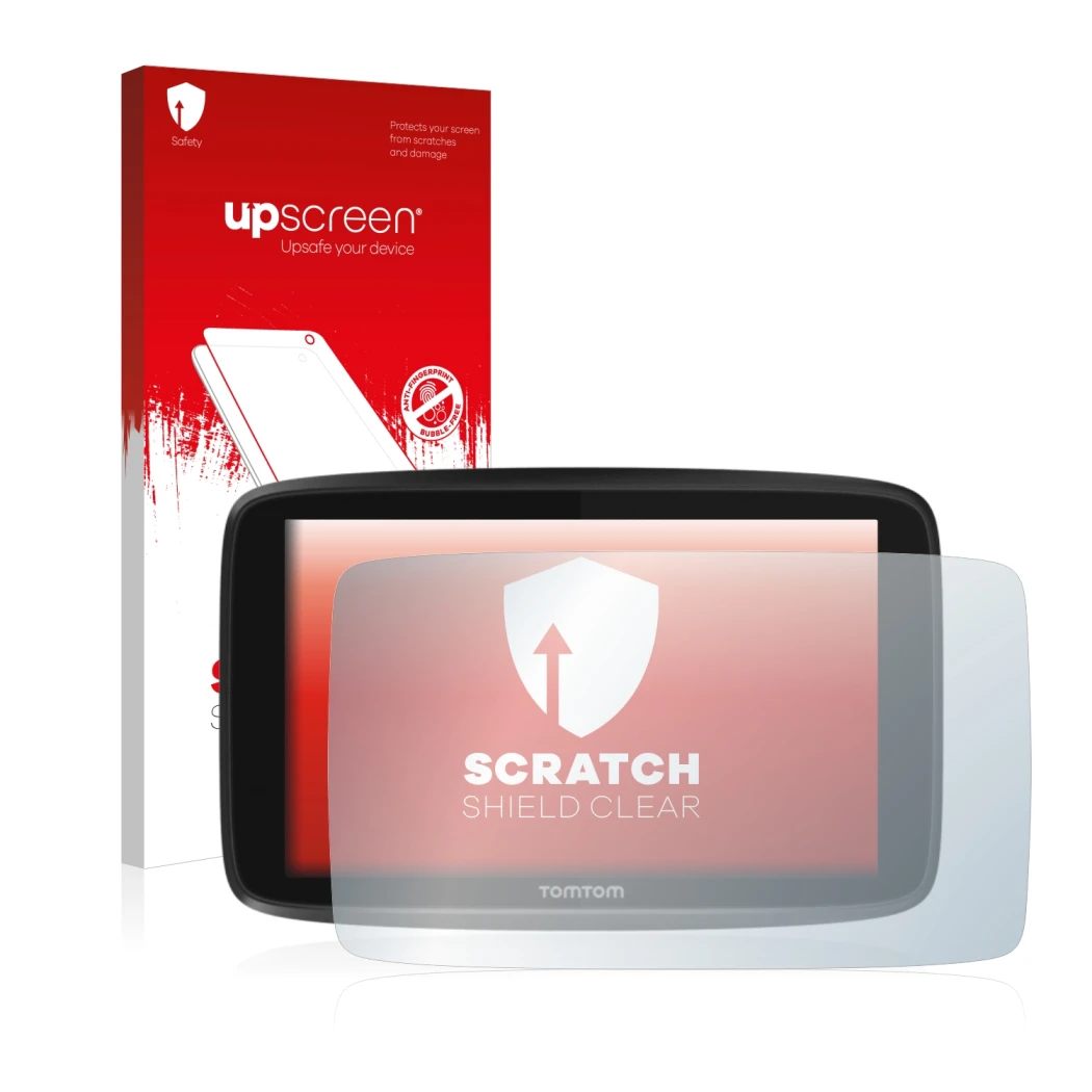 Parte frontal de un envase de producto con el logotipo de la marca upscreen. Al lado se muestra el dispositivo TomTom GO 6250
