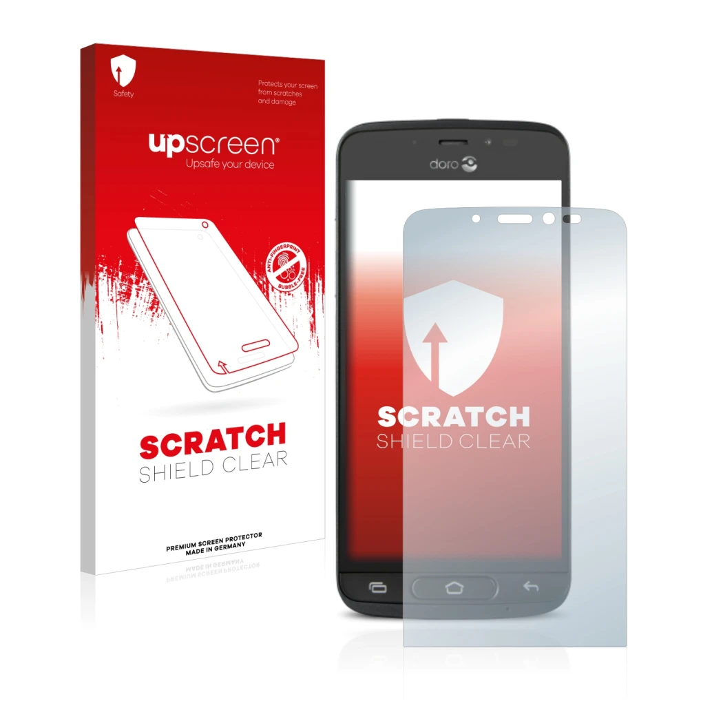 Parte frontal de un envase de producto con el logotipo de la marca upscreen. Al lado se muestra el dispositivo Doro 8040 con s
