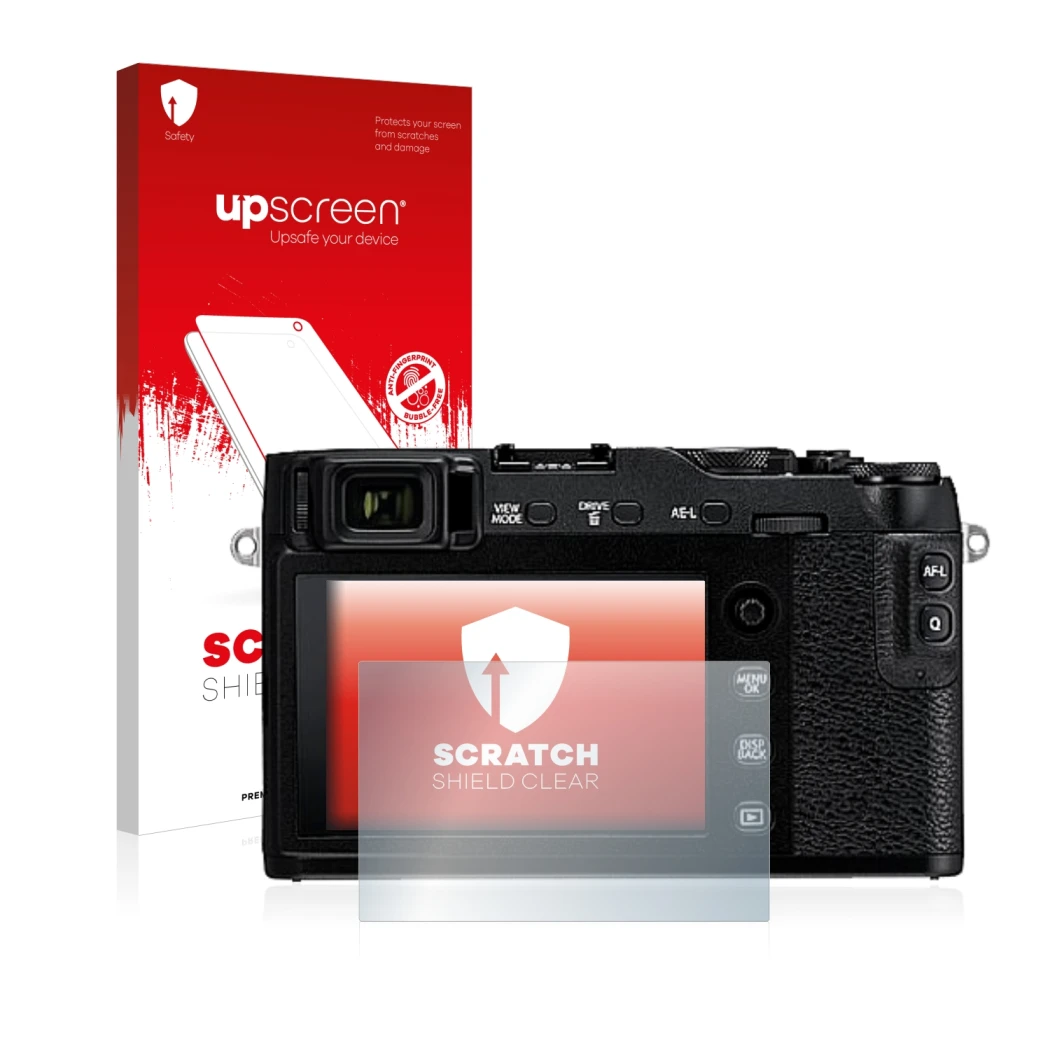 Parte frontal de un envase de producto con el logotipo de la marca upscreen. Al lado se muestra el dispositivo Fujifilm X-E3 c