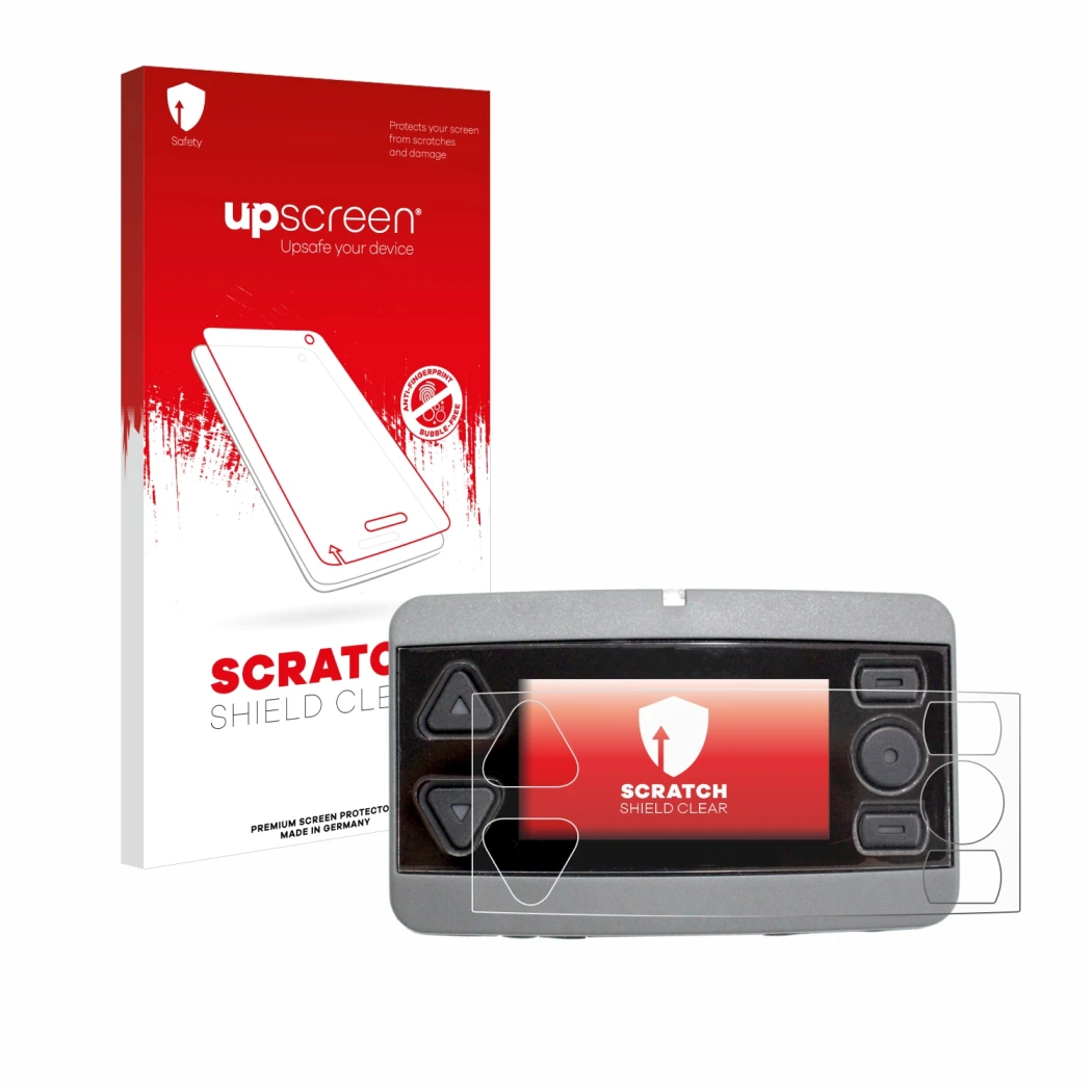 Parte frontal de un envase de producto con el logotipo de la marca upscreen. Al lado se muestra el dispositivo Airbus P8GR con