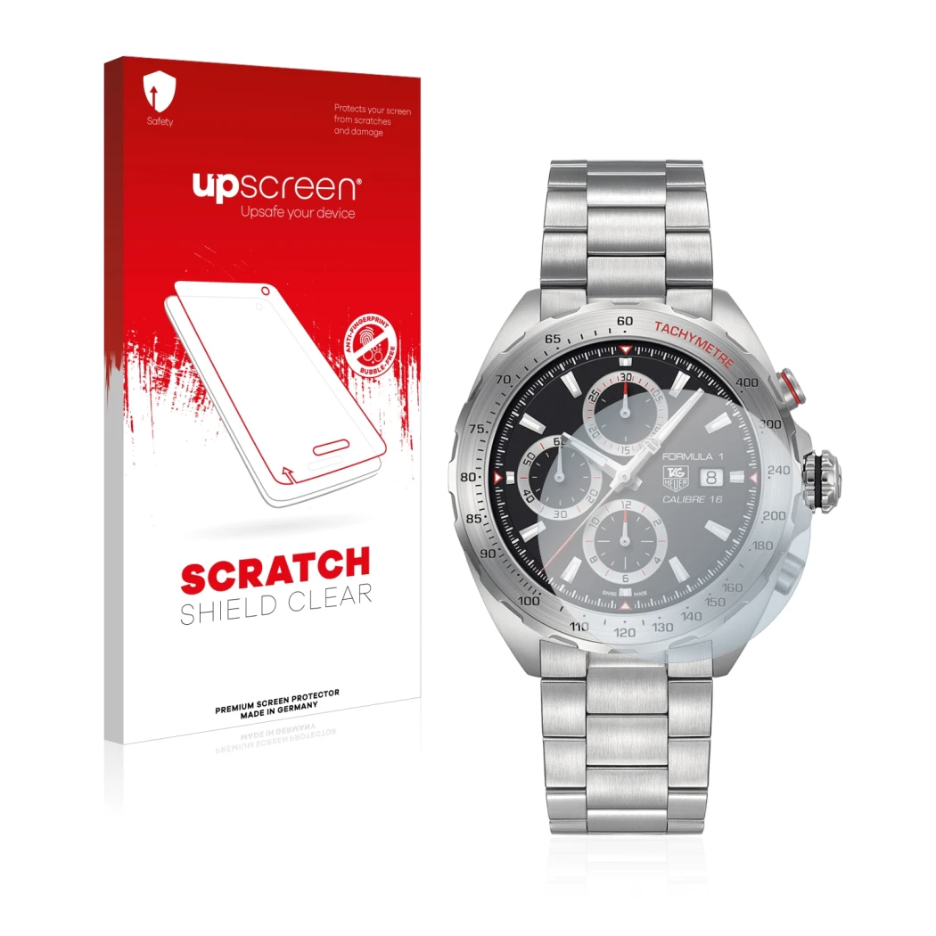 Parte frontal de un envase de producto con el logotipo de la marca upscreen. Al lado se muestra el dispositivo TAG Heuer Formu