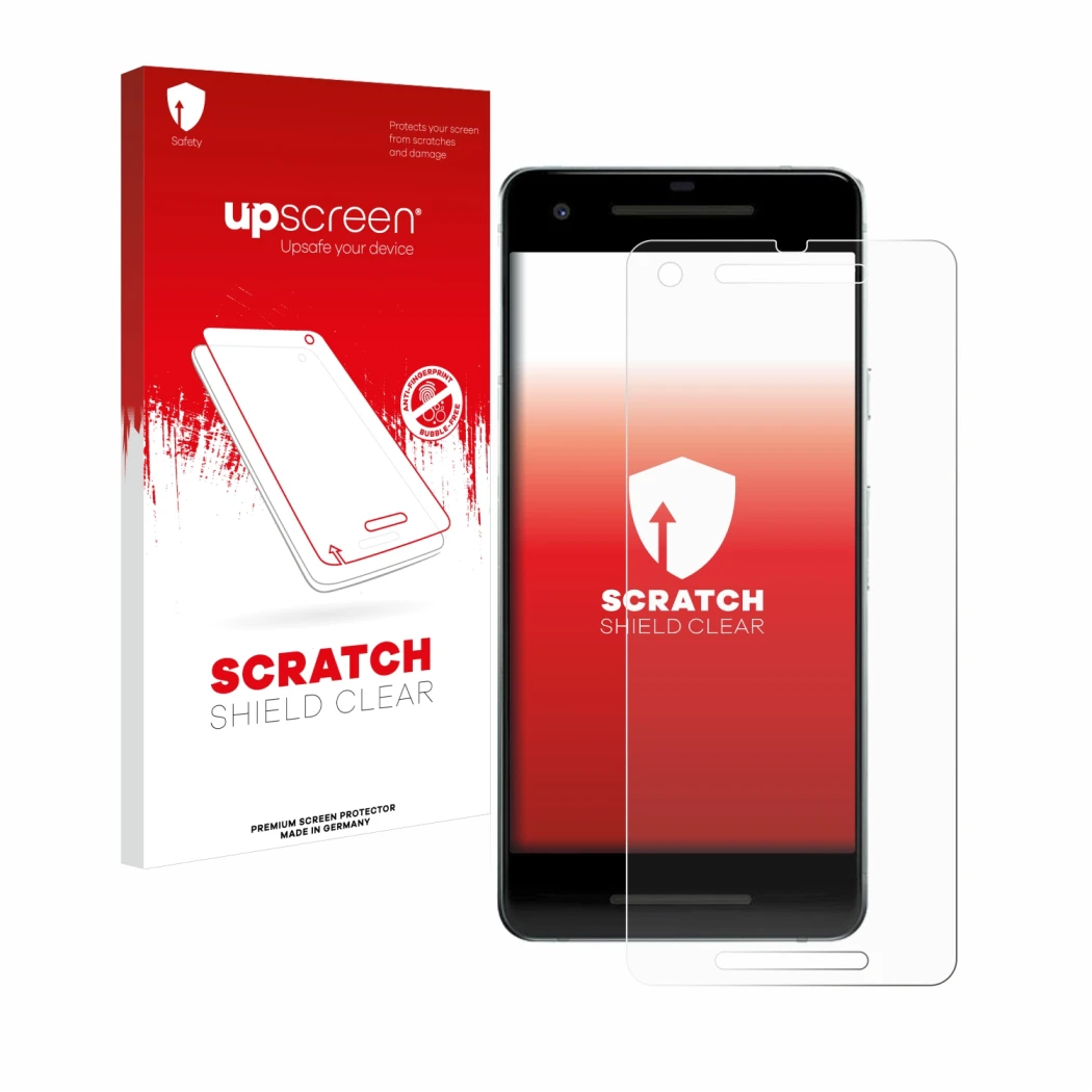 Parte frontal de un envase de producto con el logotipo de la marca upscreen. Al lado se muestra el dispositivo Google Pixel 2 