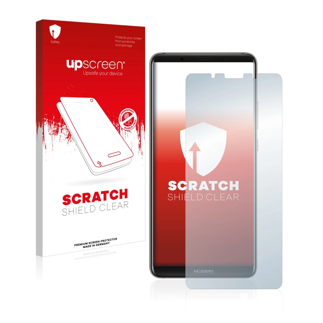 Parte frontal de un envase de producto con el logotipo de la marca upscreen. Al lado se muestra el dispositivo Huawei Mate 10 