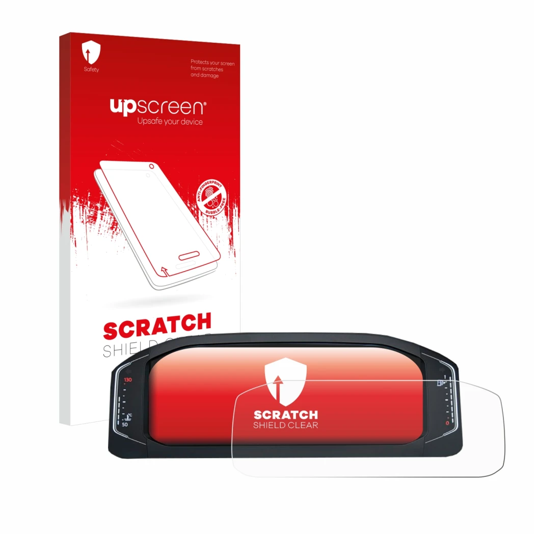 Parte frontal de un envase de producto con el logotipo de la marca upscreen. Al lado se muestra el dispositivo Volkswagen Acti