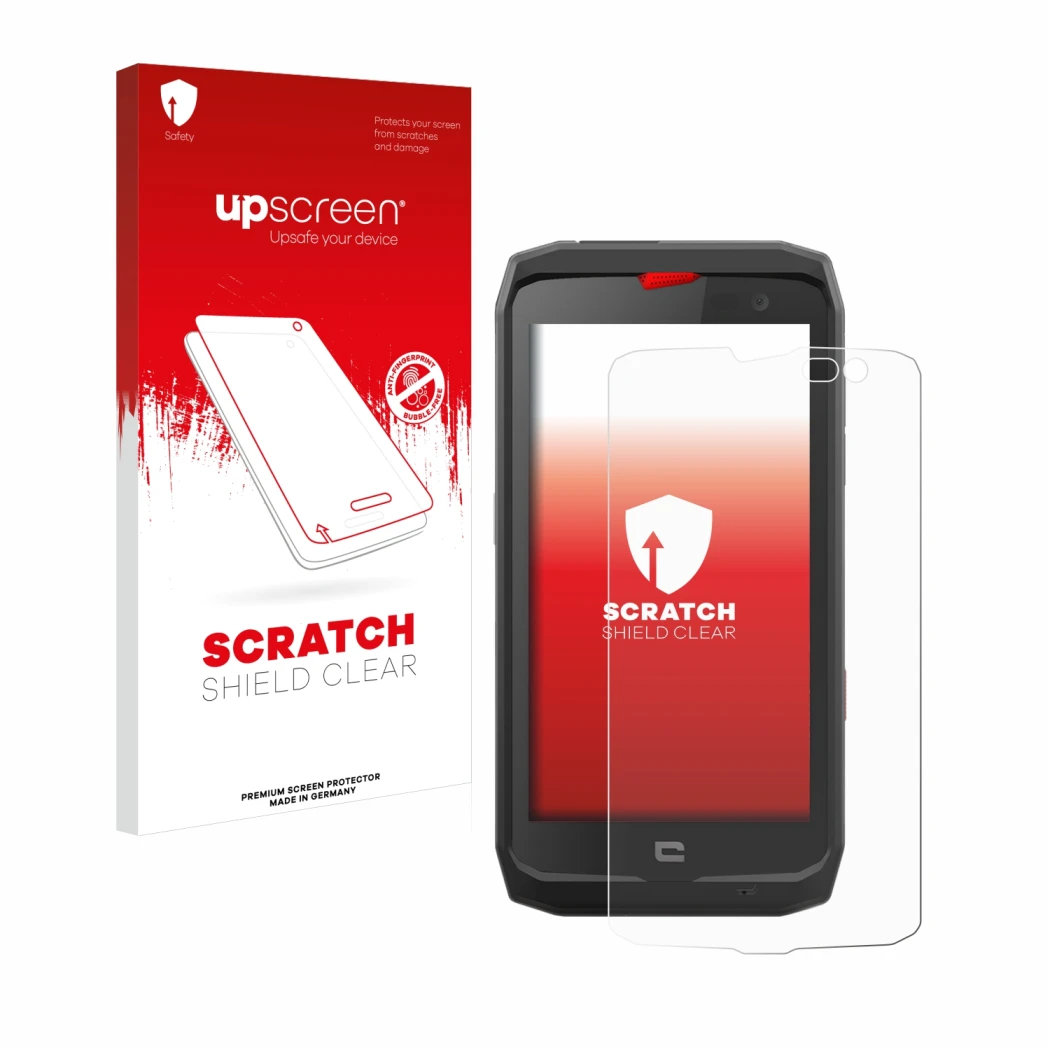 Parte frontal de un envase de producto con el logotipo de la marca upscreen. Al lado se muestra el dispositivo Crosscall Actio