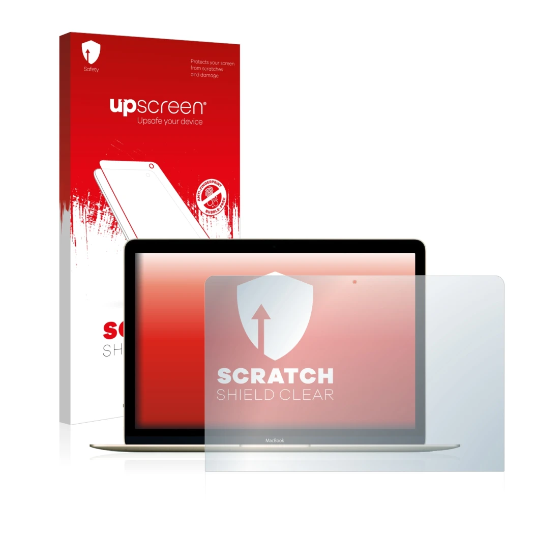 Parte frontal de un envase de producto con el logotipo de la marca upscreen. Al lado se muestra el dispositivo Apple MacBook R