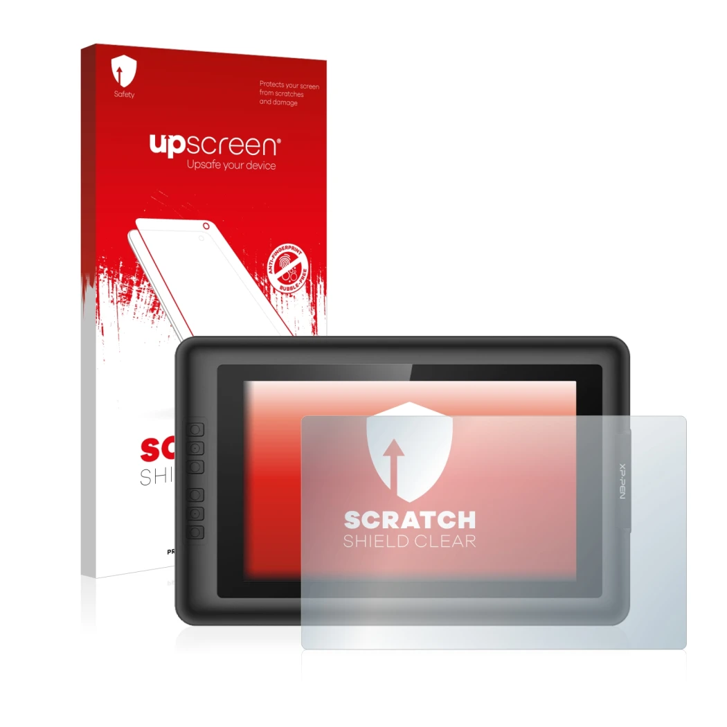 Parte frontal de un envase de producto con el logotipo de la marca upscreen. Al lado se muestra el dispositivo XP-Pen Artist 1