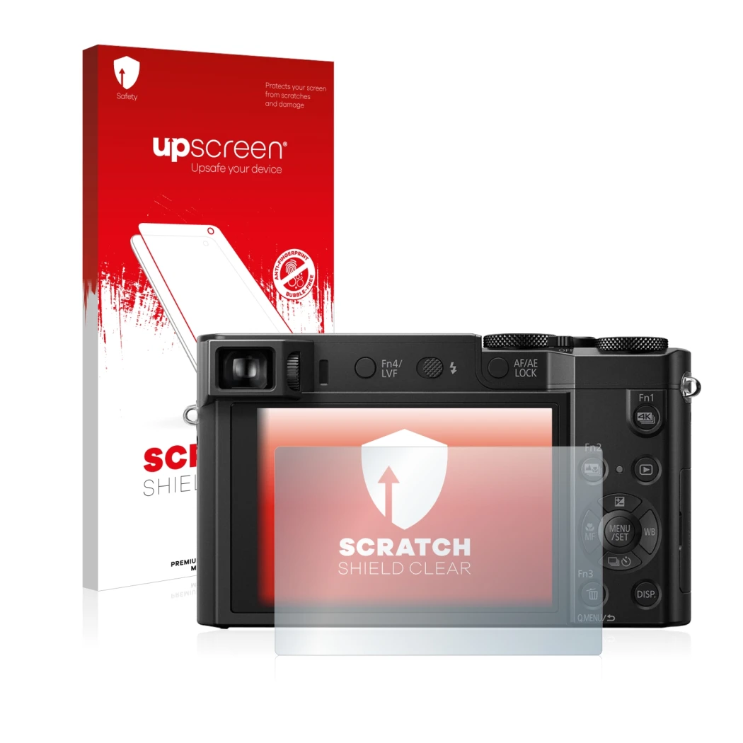 Parte frontal de un envase de producto con el logotipo de la marca upscreen. Al lado se muestra el dispositivo Panasonic Lumix