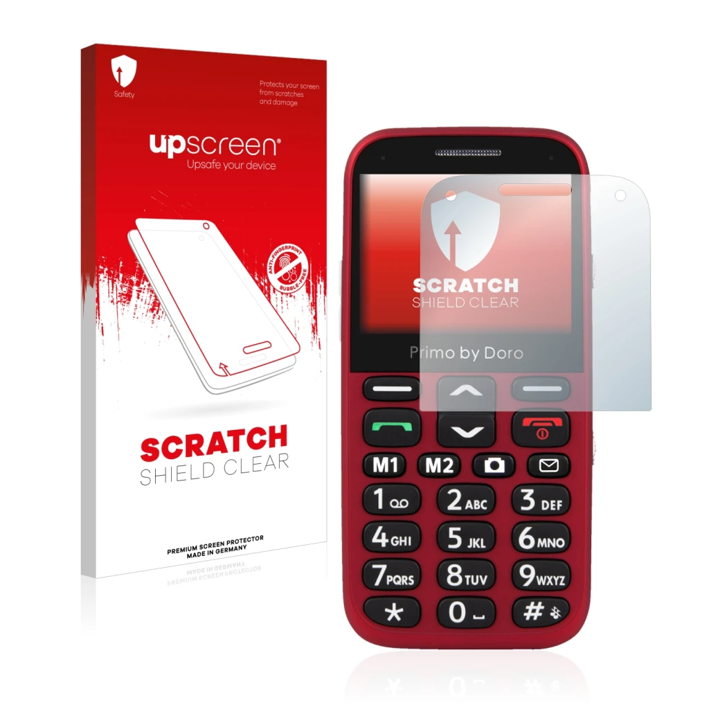 Parte frontal de un envase de producto con el logotipo de la marca upscreen. Al lado se muestra el dispositivo Doro Primo 366 