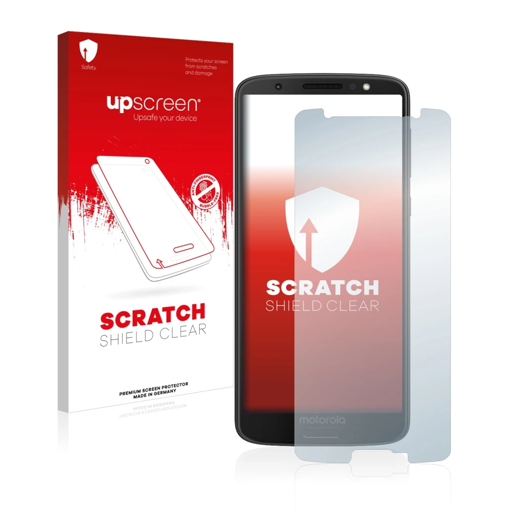 Parte frontal de un envase de producto con el logotipo de la marca upscreen. Al lado se muestra el dispositivo Motorola Moto G