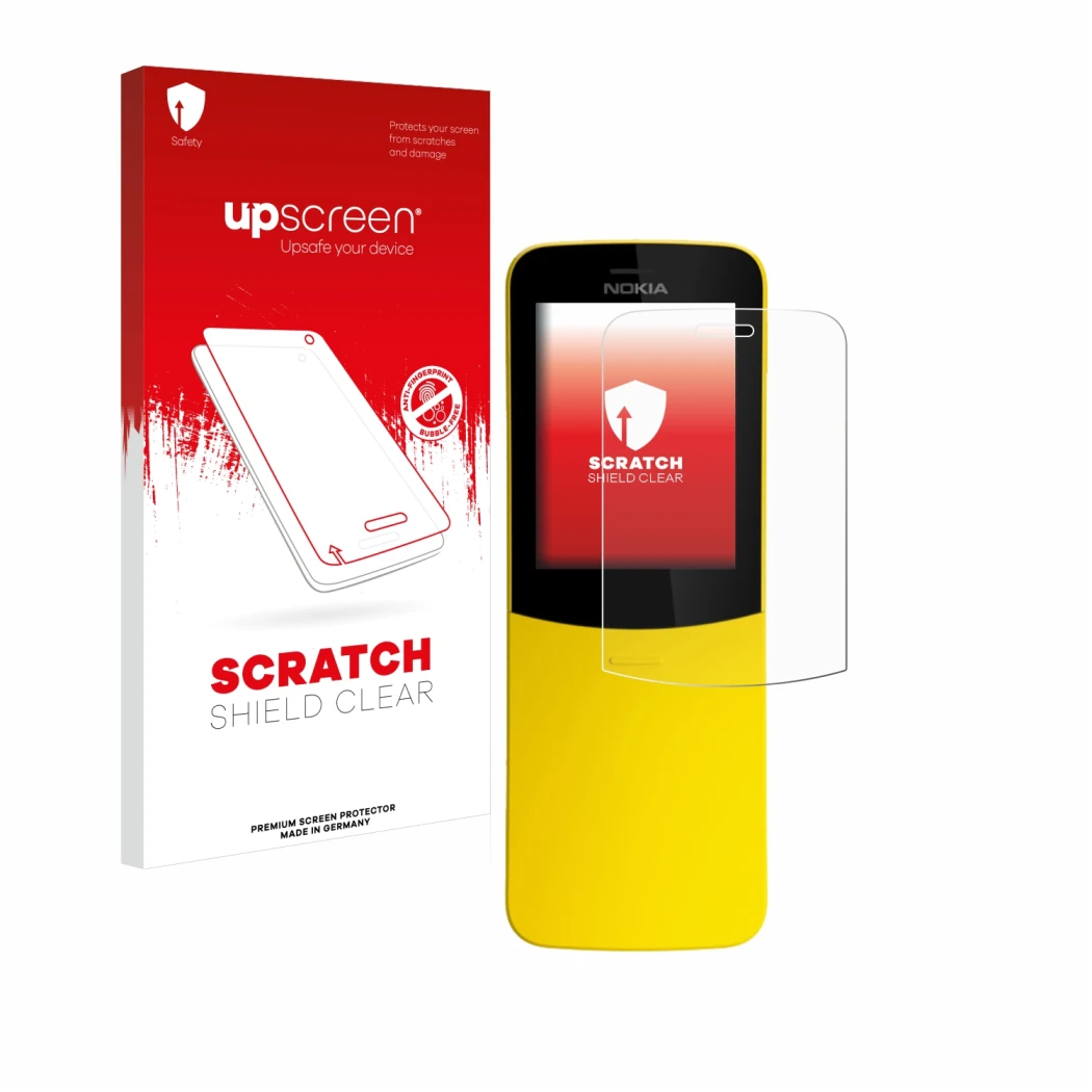Parte frontal de un envase de producto con el logotipo de la marca upscreen. Al lado se muestra el dispositivo Nokia 8110 con 