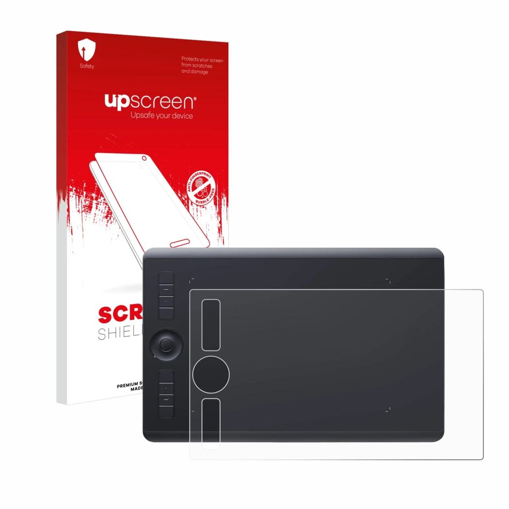 Parte frontal de un envase de producto con el logotipo de la marca upscreen. Al lado se muestra el dispositivo Wacom Intuos Pr