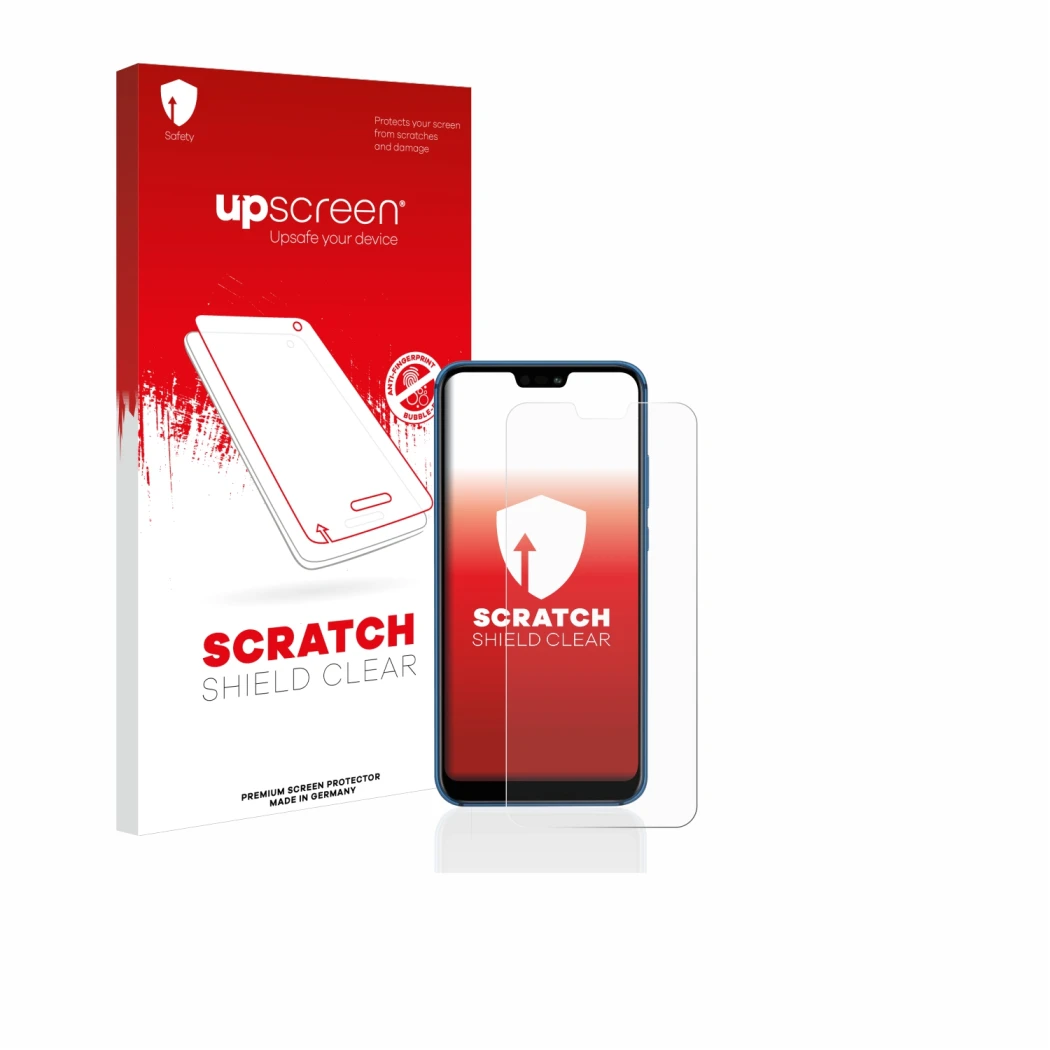 Parte frontal de un envase de producto con el logotipo de la marca upscreen. Al lado se muestra el dispositivo Huawei P20 lite